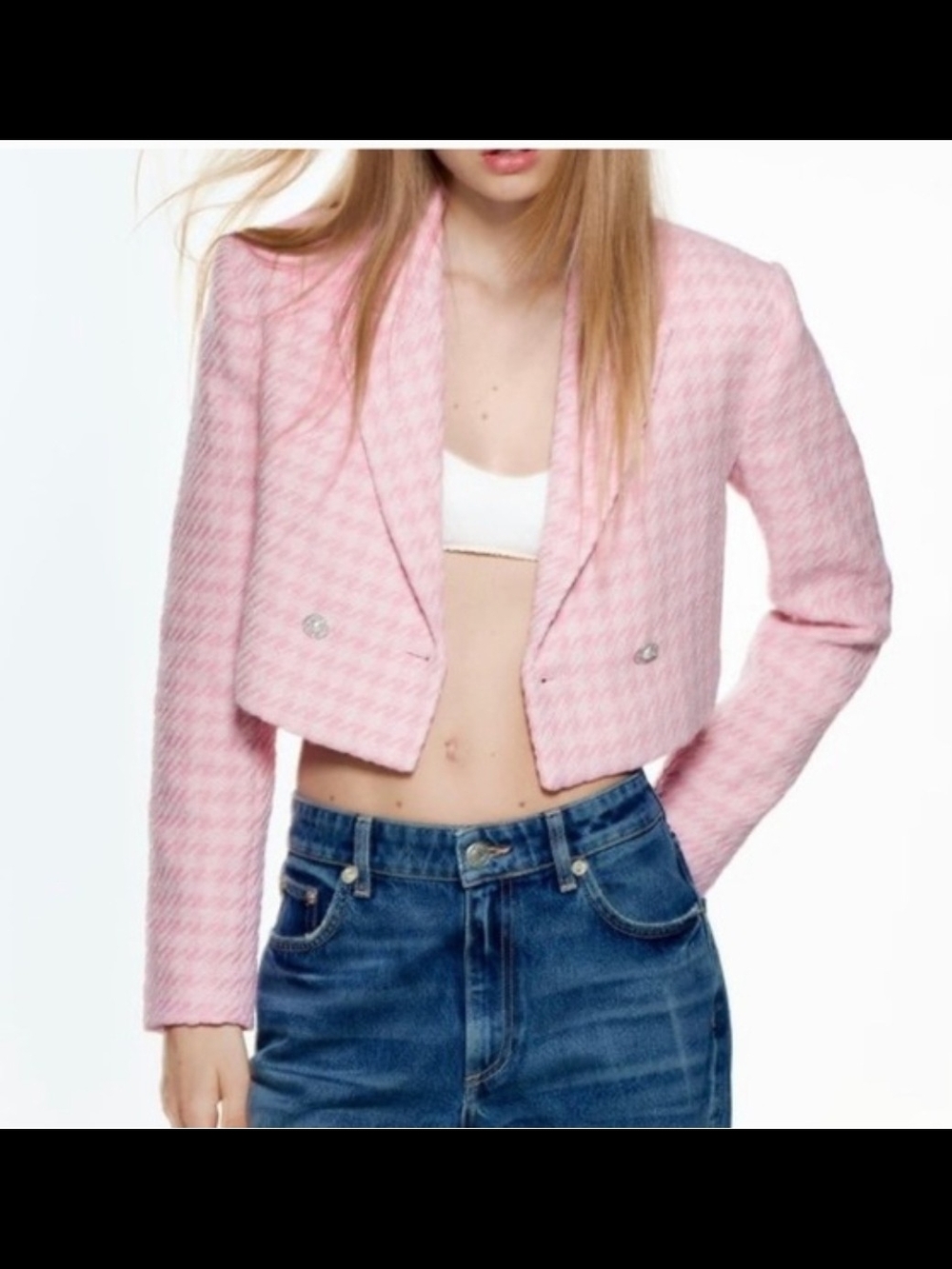 Zara Cropped Pink Houndstooth Blazer Sz M